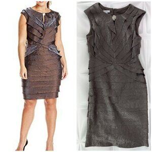 London Times Sz 8 Brown Silver Shimmer Shutter Pleat Tiered Formal Sheath Dress